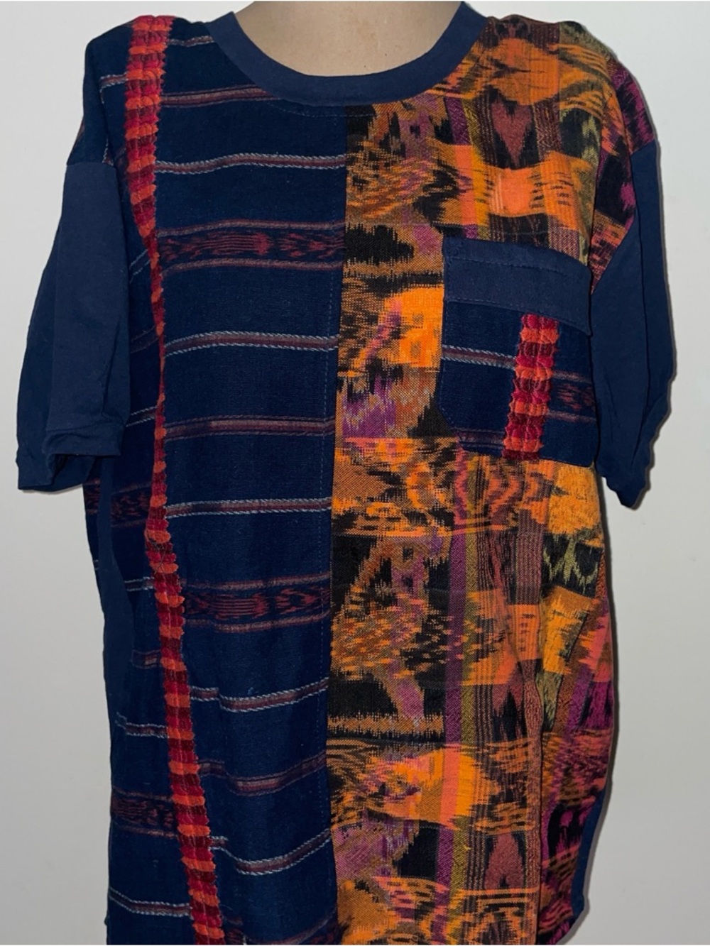 Mayan Boutique Patchwork Short Sleeve Tee in Navy with Orange & Red cotton‎